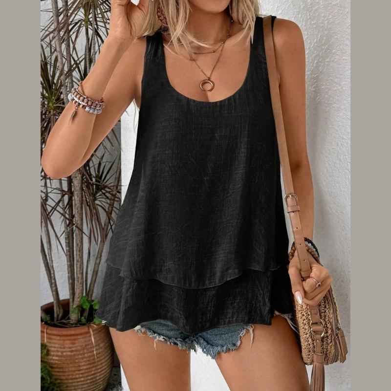 Women's Summer Tops Sleeveless Tank Tops Casual Flowy Loose Tunics Shirt Double Layers Ruffle Blouses Tunics gIFTS
