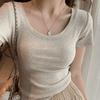 Burgundy Crew Neck Front Shoulder Short Sleeve T-Shirt Women's Summer New Korean Slim-fit Versatile Design Niche Top