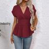 Spring/Summer Women's V-Neck Waist-Cinching Raglan Sleeve Pleated Hem Top