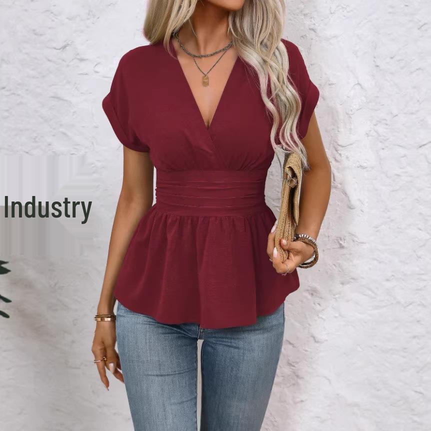 Spring/Summer Women's V-Neck Waist-Cinching Raglan Sleeve Pleated Hem Top