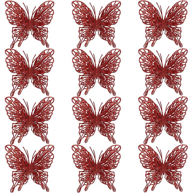 5Pcs Christmas Tree Butterfly Decor Glitter Hollow Butterfly Xmas Tree Hanging Decor Home New Year 2025 Navidad Decoration