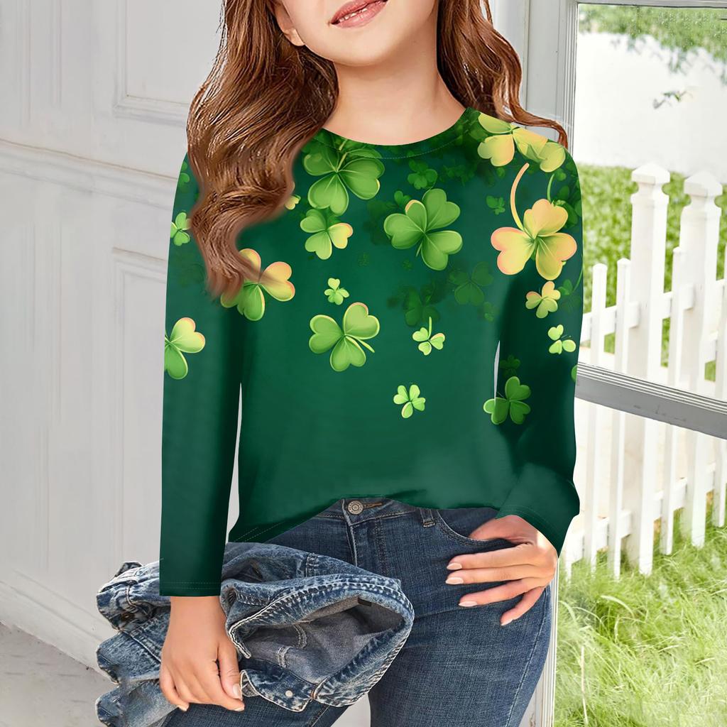 Flickor Långärmade T-shirts Barn Hösttoppar Rundhals Tryckta Bas T-shirts Saint Patrick's Day