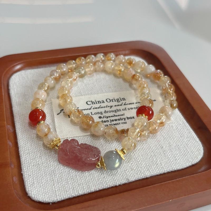 Handmade Natural Yellow Quartz Double Loop Bracelet With Strawberry Crystal Pixiu Charm Boho Chic Womens Accessory 6mm Yellow Tower Crystal