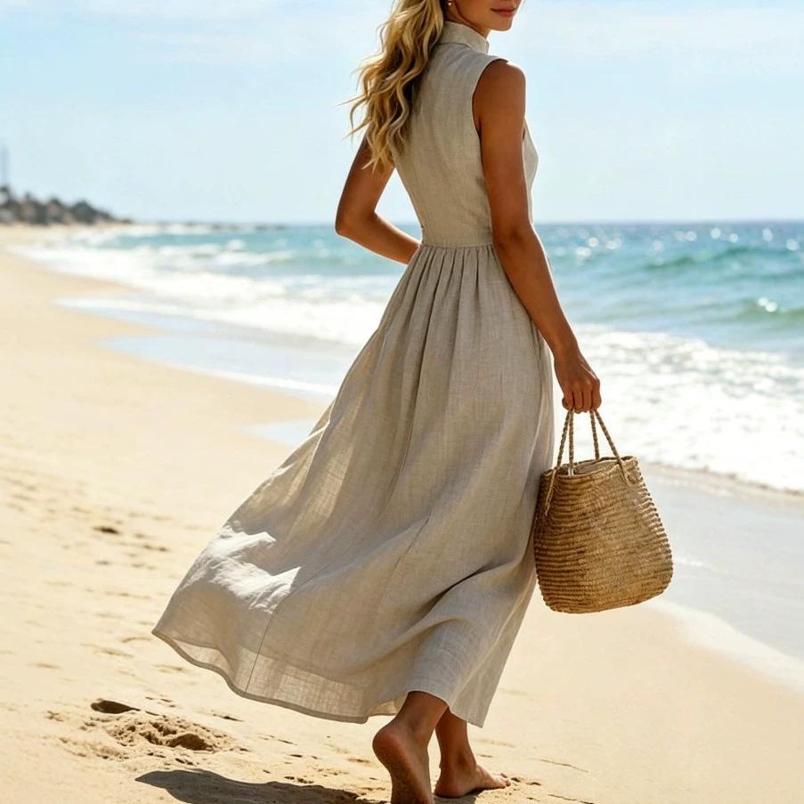 Summer French stand-up neck sleeveless waist pleated medium and long linen temperament commuter A-word women's dress
