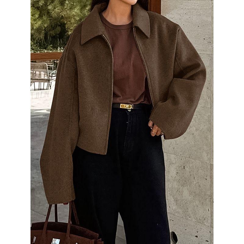 2024 Fall Winter Fashion Women's Outwear Lapel Long Sleeve Top Zipper Brown Women's Clothing Pure Color Thick Street