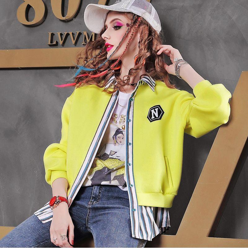 

European Station New Striped Spring and Autumn Short Coat Baseball Uniform Yellow Orders L