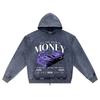 DTG Print Knitted Denim Zip-Up Hoodie Money Vintage Brother Print Zipper Hoodies  