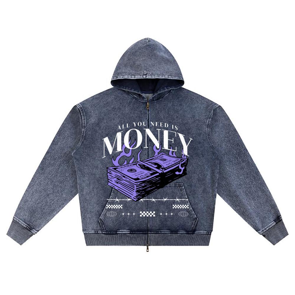 DTG Print Knitted Denim Zip-Up Hoodie Money Vintage Brother Print Zipper Hoodies  