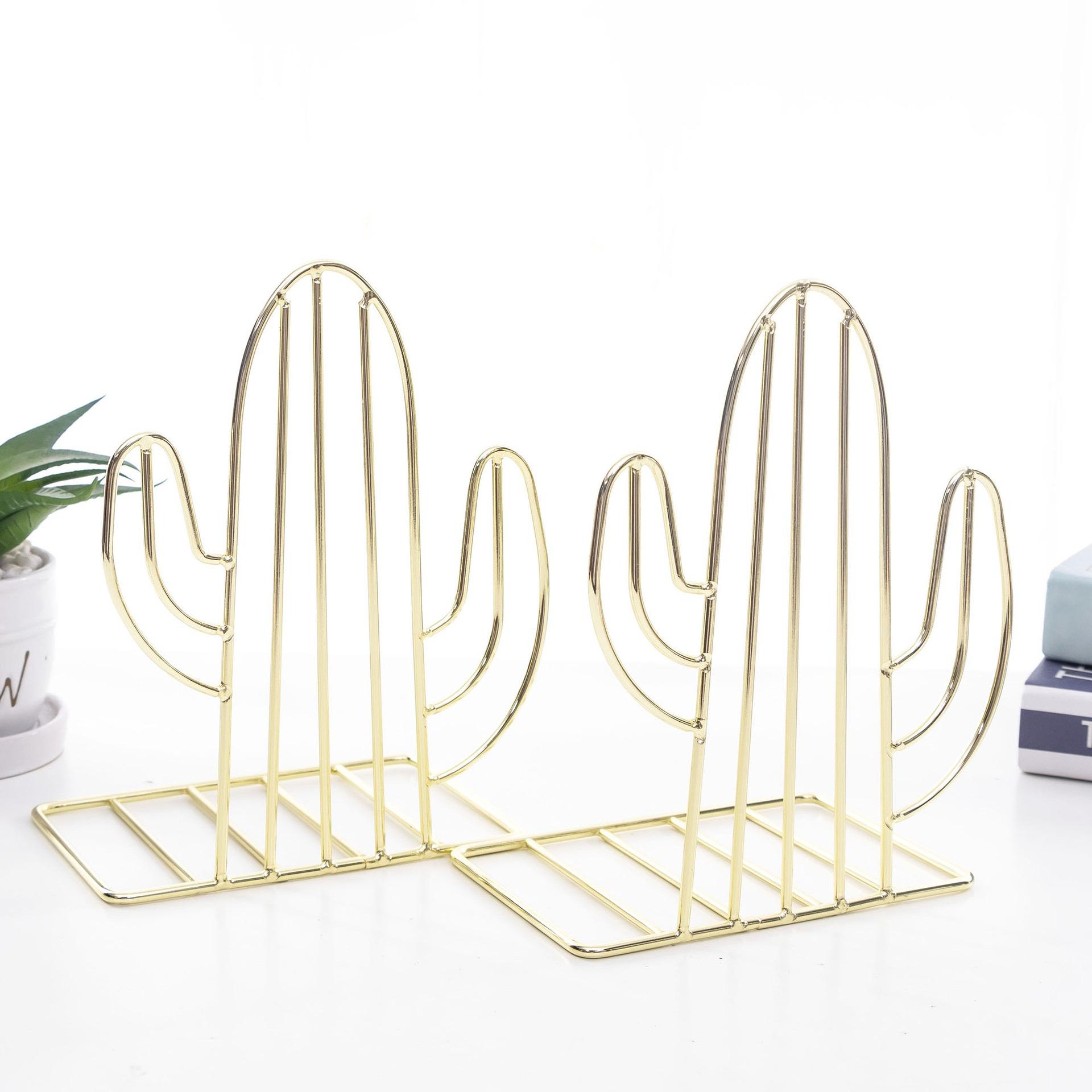 A Pair of Cactus-shaped Nordic-style Rose Gold Iron Bookends Creative Metal Telescopic Bookends and Desktop Storage Racks