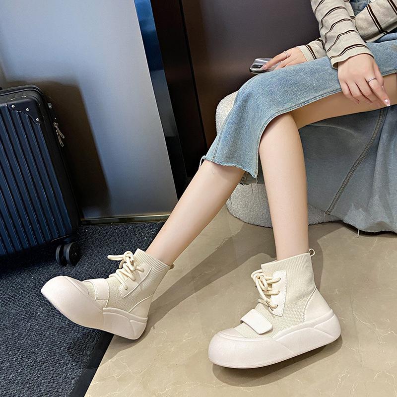 Fashion Women Ankle Sock Boots Flats Platform Shoes Dress Fashion New 2024 Winter Casual Women Boots Walking Travel Lace-Up Female Botas