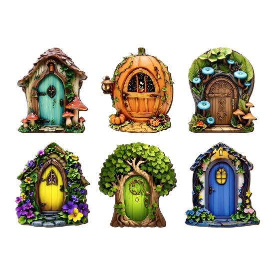 Wooden Fairy Garden Decoration, Tree Hollow Cottage Door with High-Definition UV Printing, Waterproof Acrylic Outdoor Garden Ornament for Plants Pots