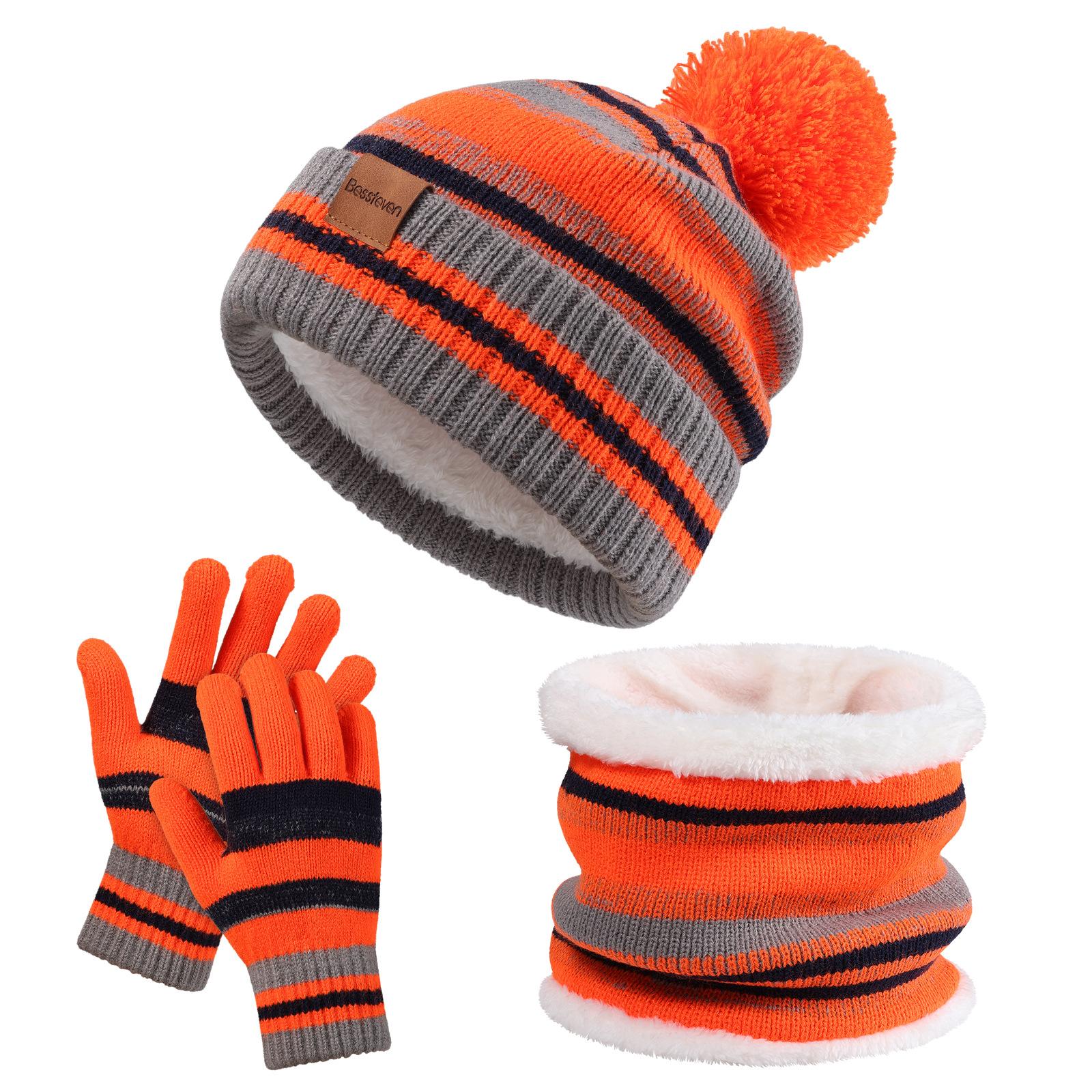 Kinderhut Schal Handschuhe Dreiteiliges Set Herbst und Winter Jungen und Mädchen Farbkombination Plus Samt Warmer Schal Strickmütze gray