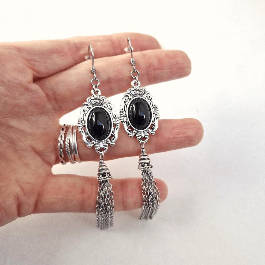 Victorian Black Agate Tassel Earrings in Vintage Baroque Style Jewelry