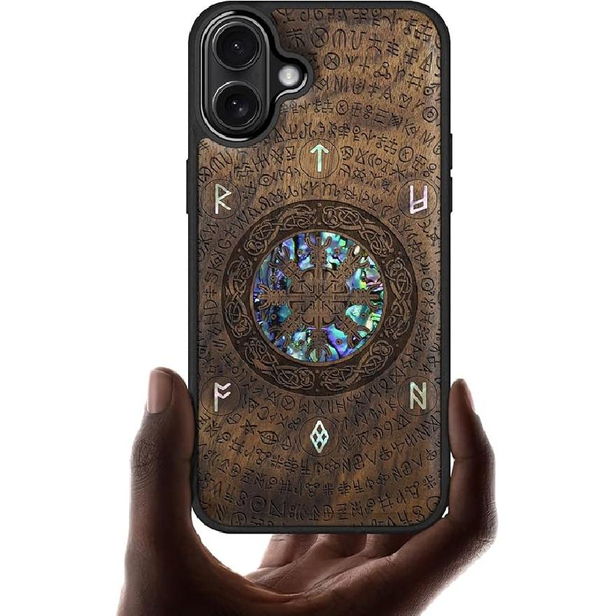 Carveit Magnetic Case for iPhone 16 Plus Case, Wood Artisan Engraved & Handmade Shell Inlaid, TPU Shockproof Cover, Compatible with MagSafe Wireless