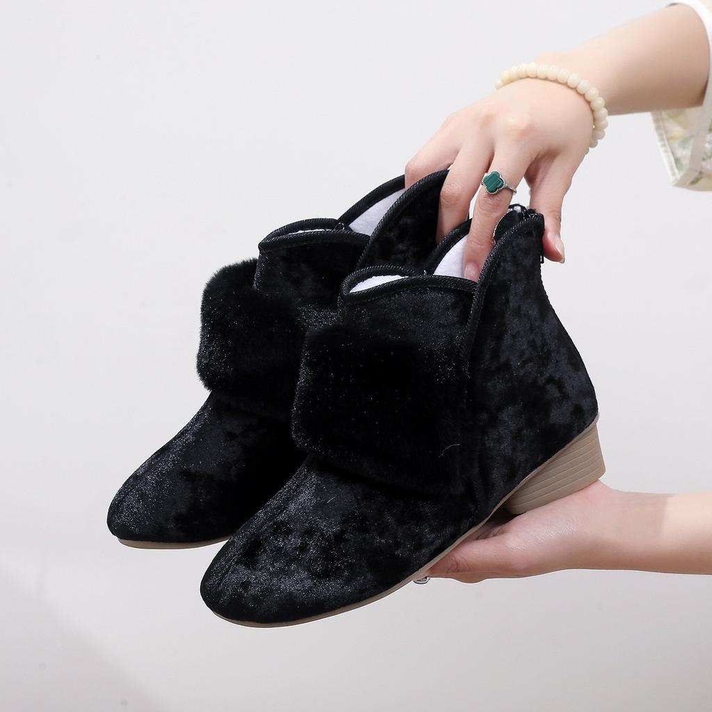 Women's Winter Embroidered Ankle Boots Non-Slip Low Block Heels Snow Booties with Faux Fur Lined Warm Comfortable Fleece Walking Boot Shoes for Women