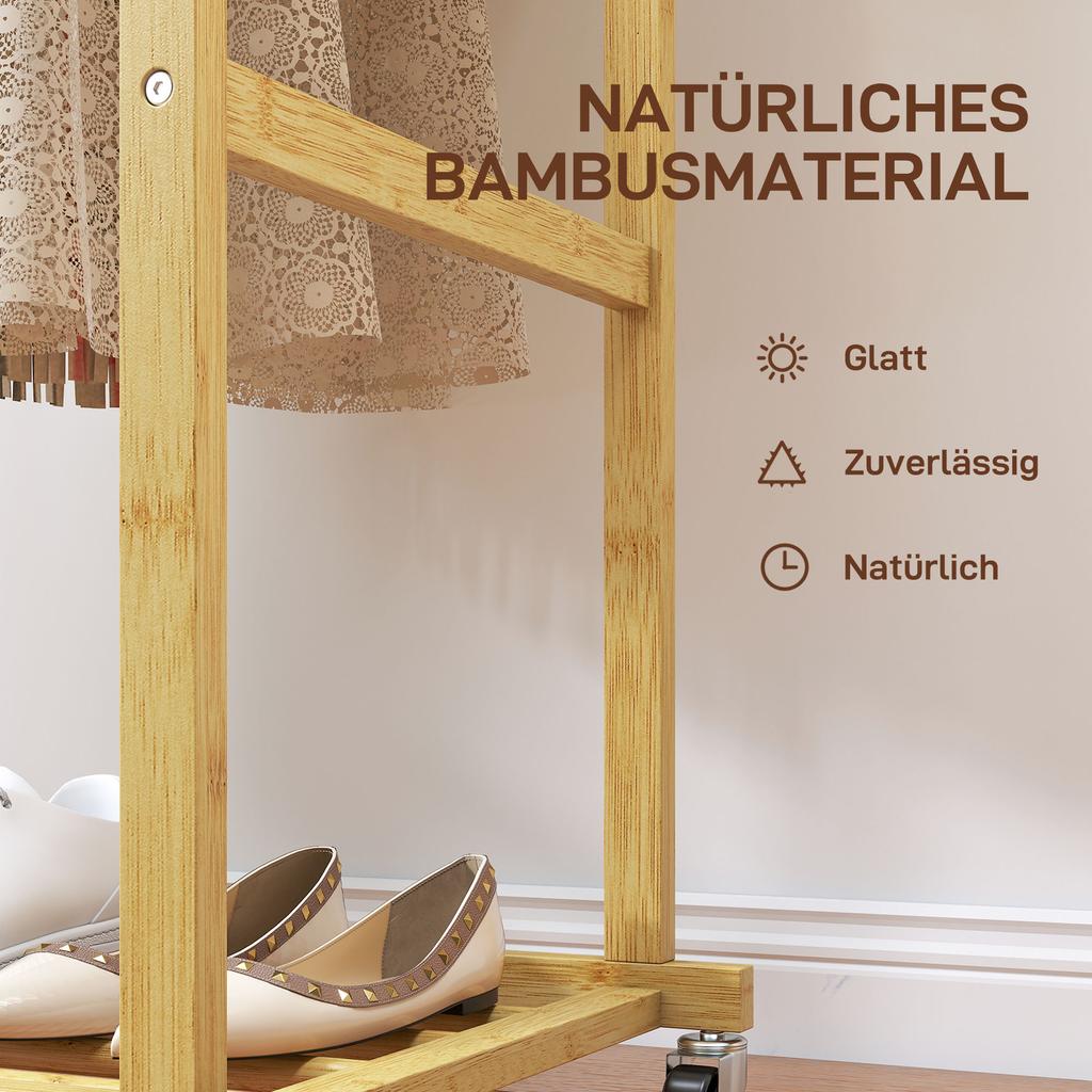 Clothes Rack with Casters, Coat Rack with Clothing Rail, Shoe Shelf, Made of Bamboo, 80 X 40 X 160 Cm, Natural