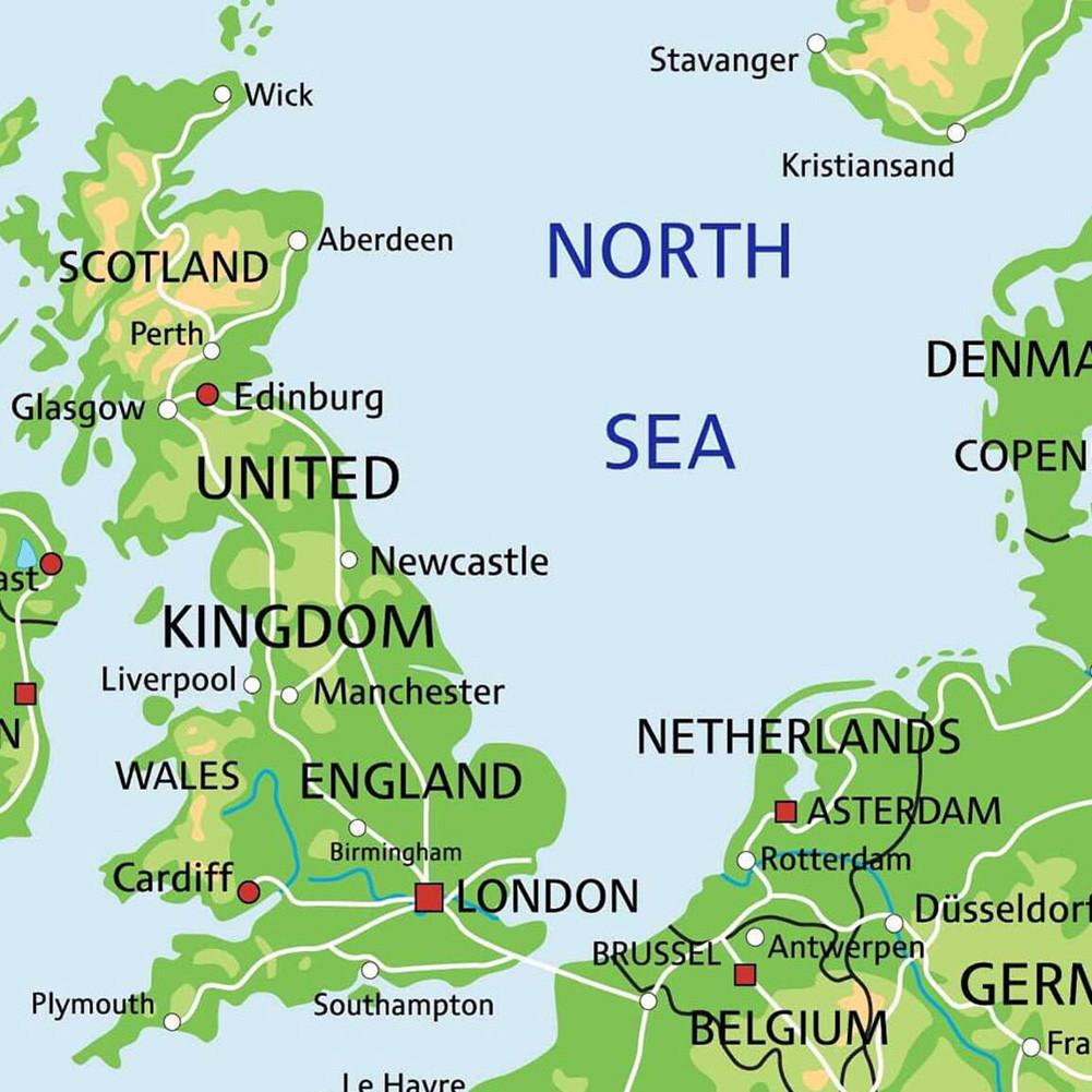 Englische Karte-Europakarte-Reliefkarte,Linienkarte,Heimdeko,Studium,Geografische Werkzeuge,Tourismus-/Bildungswerkzeuge