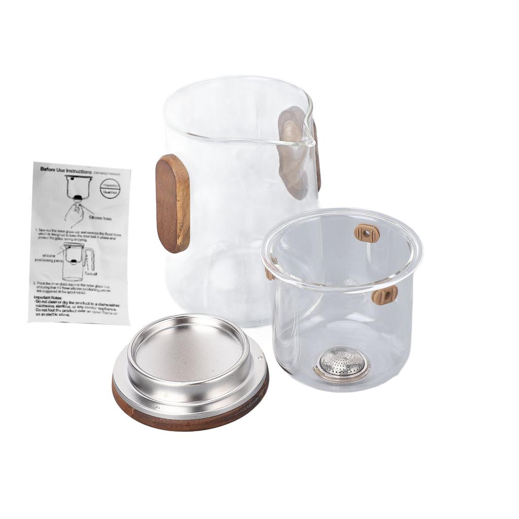 Tea Pot Borosilicate Glass Travel Teapot with Strainer 330ML Spill Proof for Loose Leaf Tea Wood Color