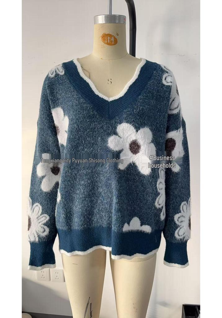 Women's Faux Mink Jacquard Lace Collar Knit Pullover Sweater for Autumn/Winter