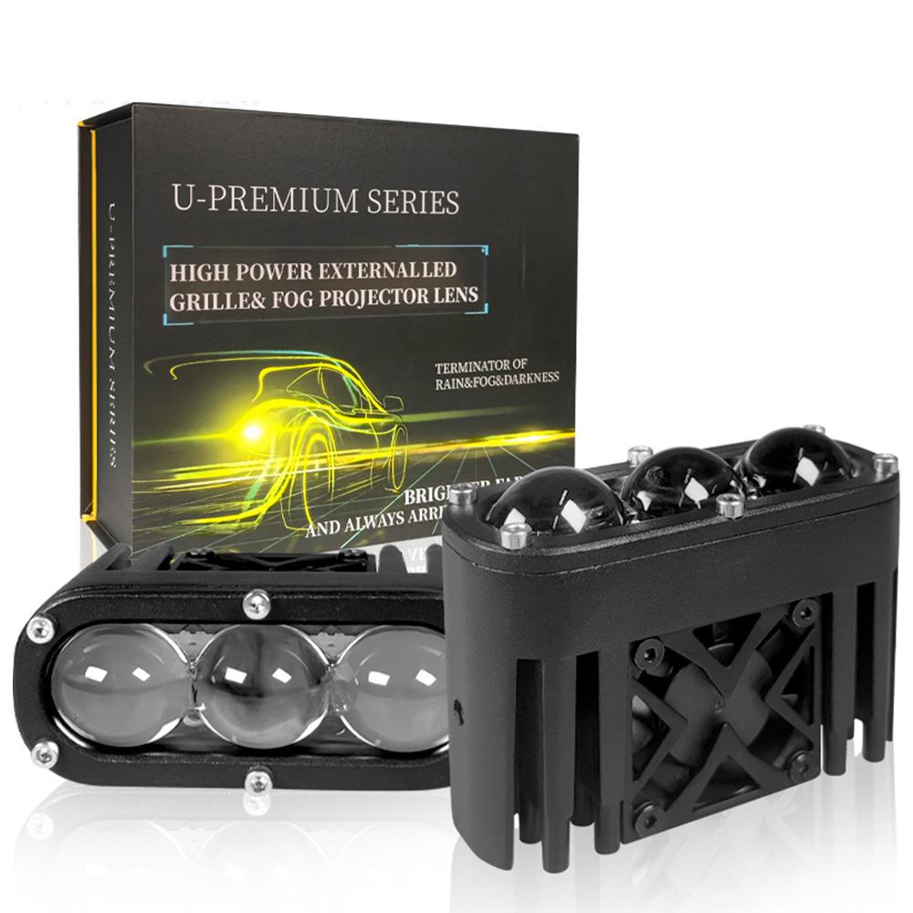 Ultra-Thin Three-Eye Car Spotlight Middle Net Fisheye Light External Motorcycle Light Yellow And White High-Power Laser Fog Light