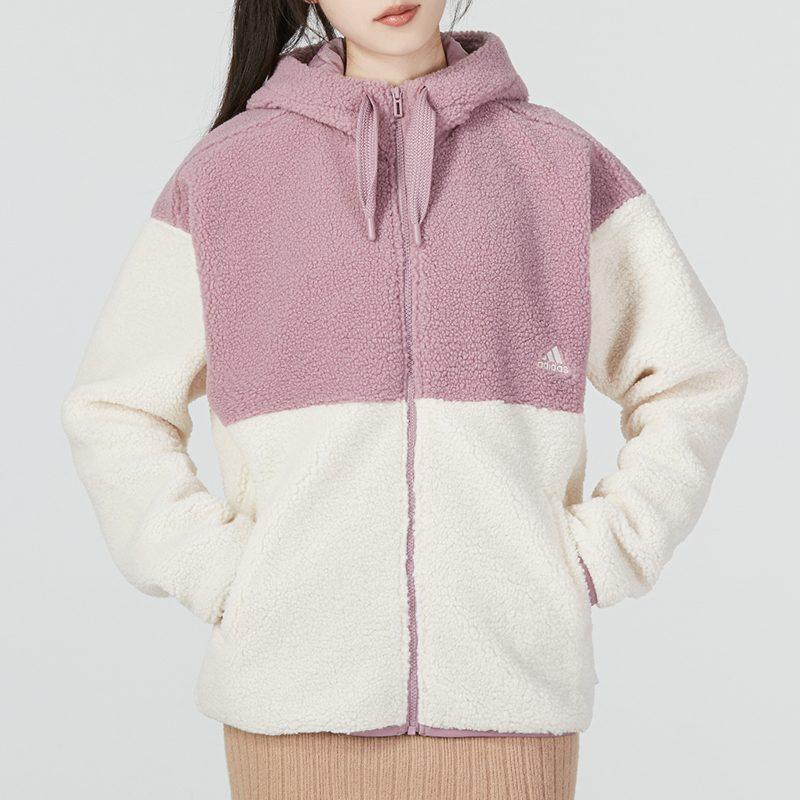 adidas Velvet Jackets Women's Pink Hooded Thickened And Fleece Lined HN0670