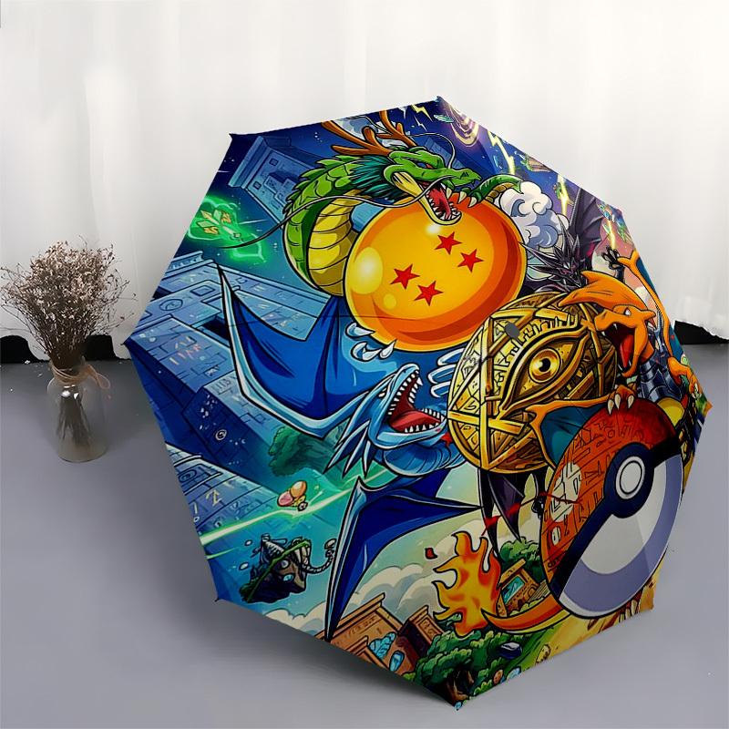 1pc Dragon Ball Z & Pokémon Automatic Opening Umbrella Portable 3-Fold Design with 8-Bone Iron Frame Outdoor for Fans, Travelers, Everyday Use Perfect