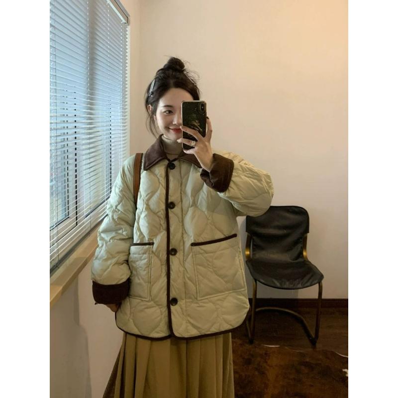 Cotton Women's Short Contrast Color Trendy Design Lapel Contrast Color Rhombus Winter Jacket Is Light and Thin