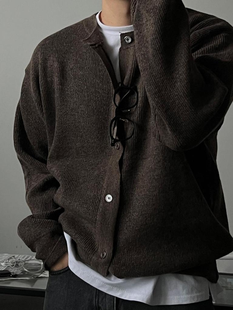 Men's High-End Woolen Cardigan - Round Neck, Autumn/Winter Casual Knitwear