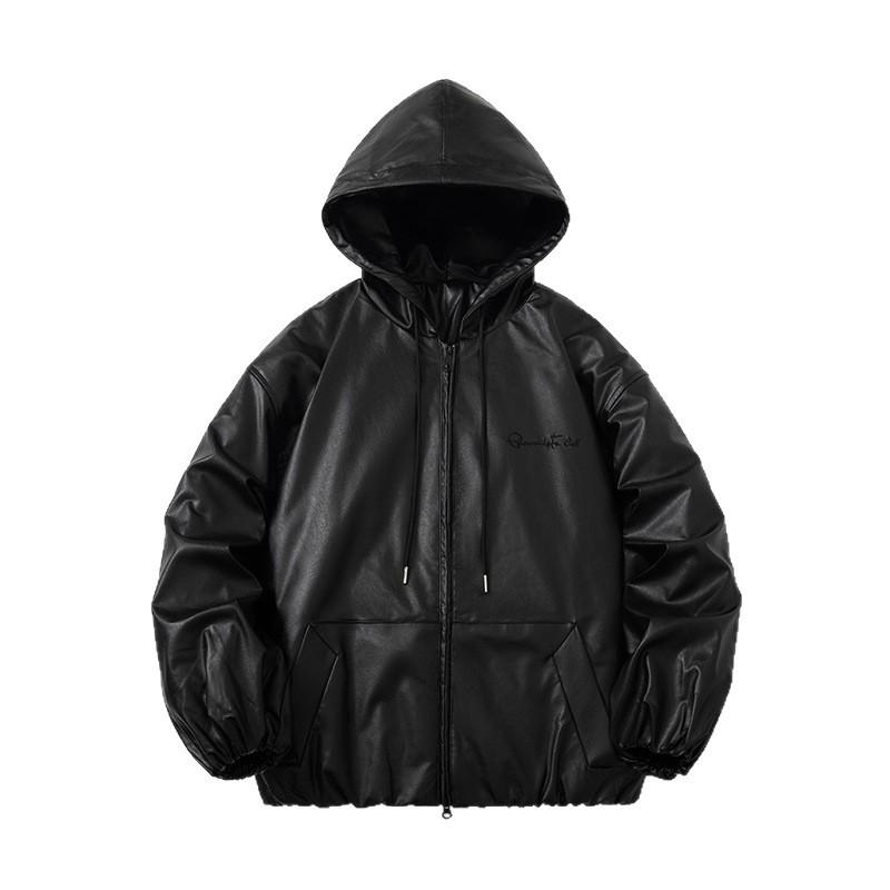 Mens Oversized Hooded Faux Leather Jacket Winter Warm Casual Streetwear Vintage Style