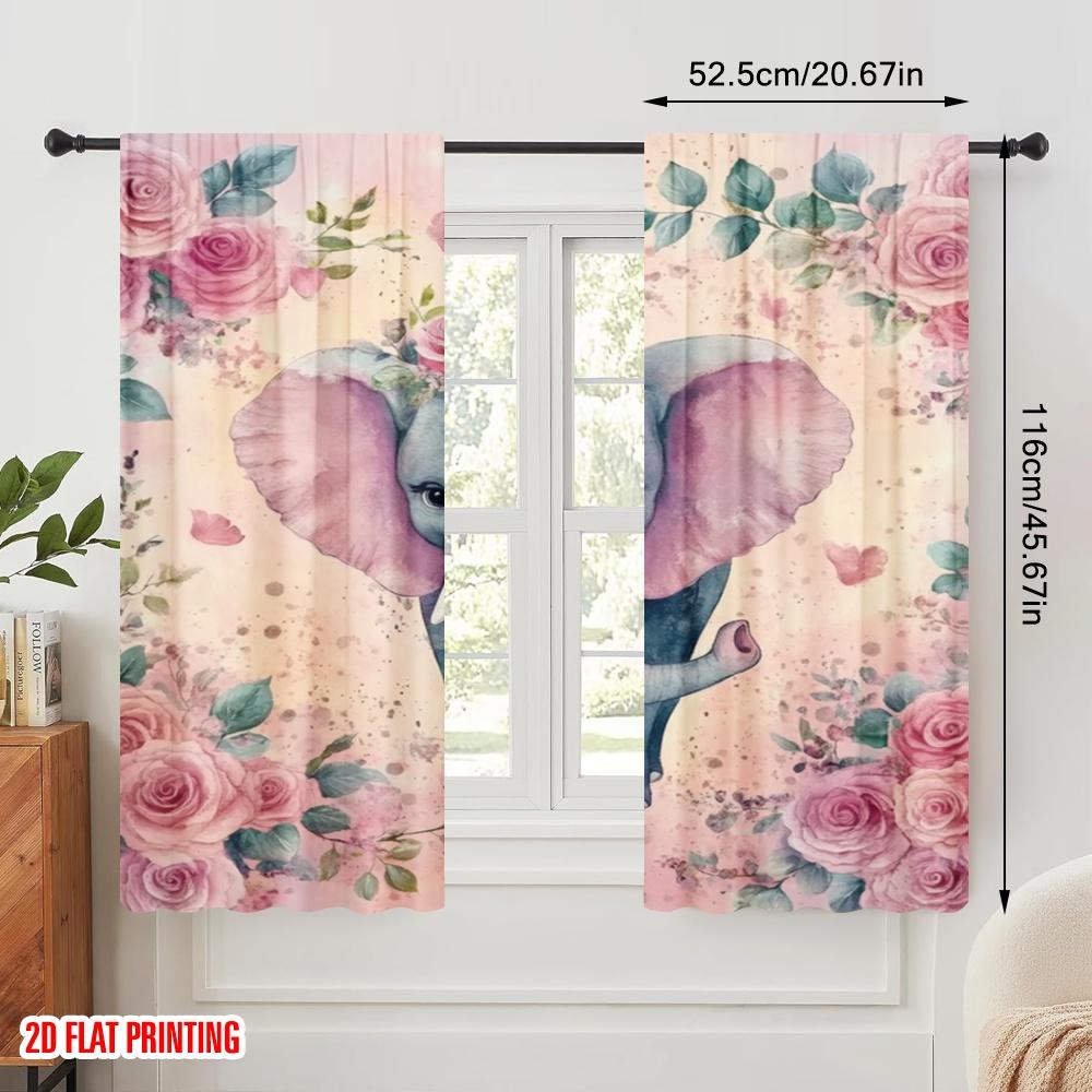 2pcs,2D plane printing Light Filtering Curtains Rosy Elephant Dream Versatile Polyester (without rod) Holiday Use for Various