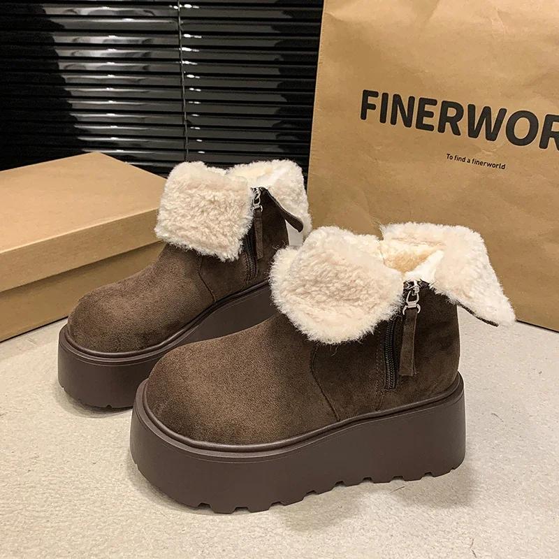 

Сапоги на плоской подошве с ботильонами, зимняя женская обувь с круглым носком, распродажа 2024 года, модные женские ботинки на среднем каблуке с молнией 40 коричневый