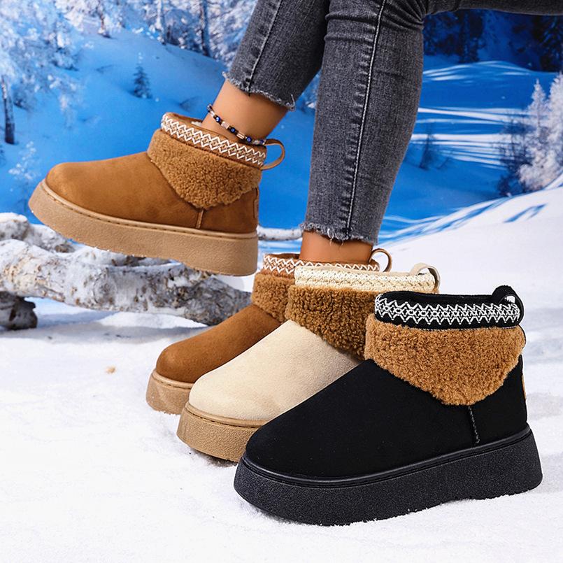 Cloth cover foot velvet short cotton shoes 2025 autumn new large size round head warm thick-soled snow boots women