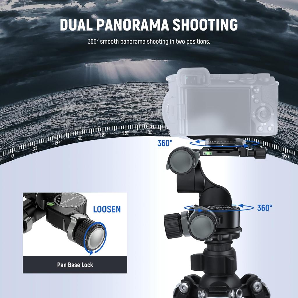 NEEWER TH16 Geared Tripod Head with Panoramic QR Aluminum Alloy Large Fine Dual Mode with Quick Maximum Load of 6kg 3-Way Head, 3-Axis Pan/Tilt