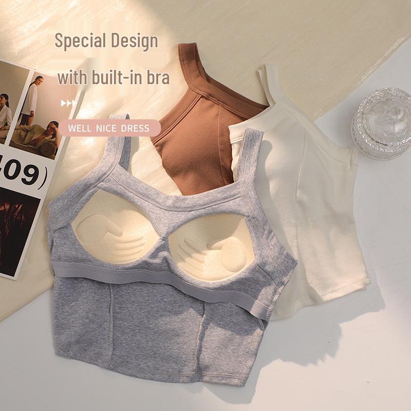 Women's Pure Cotton Vest with Fixed Cup Straps & Chest Pads - Breathable Lingerie & Outerwear