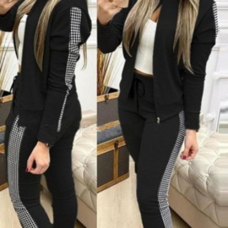 Autumn   Women's Long Sports Leisure Suit - Zipper-Trimmed Patchwork Plaid Set
