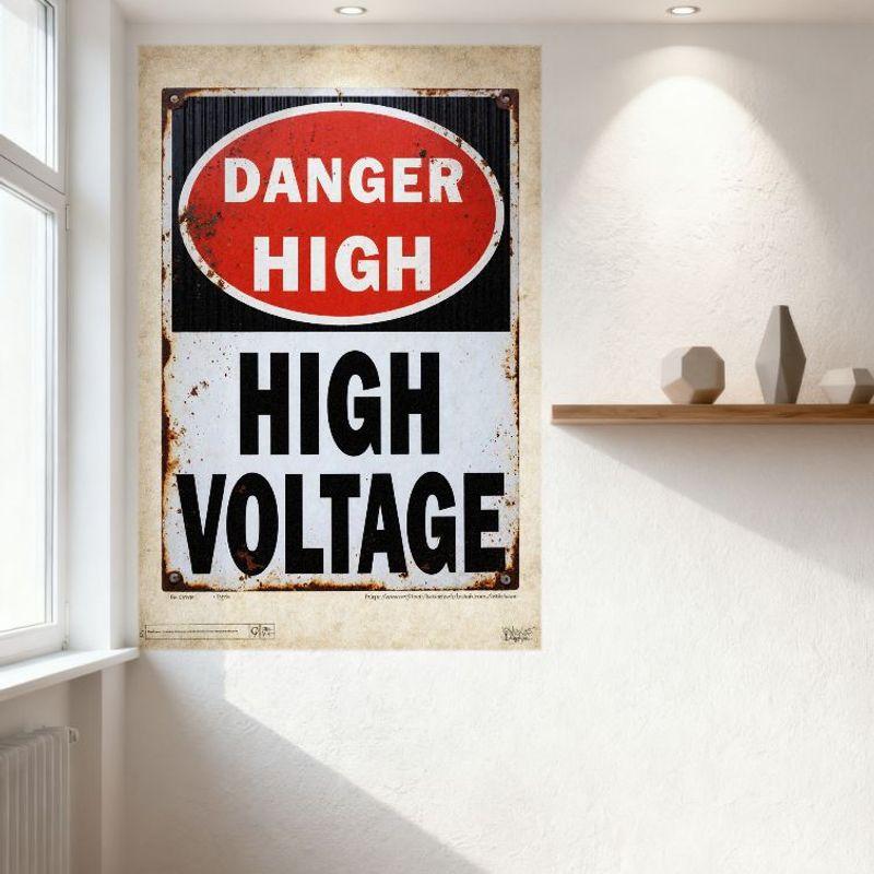 Vintage 'DANGER HIGH VOLTAGE' Rusty Tin Sign Industrial Electrical Warning Metal Plaque for Wall Decor, Aged Rustic Safety Sign