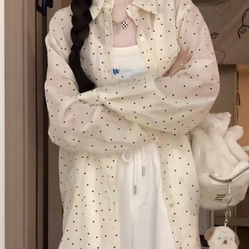 Korean-style Mid-length Polka Dot Shirt Coat for Women Thin Style In Summer Loose and Lazy Style Mi-style Layering Sunscreen Shirt