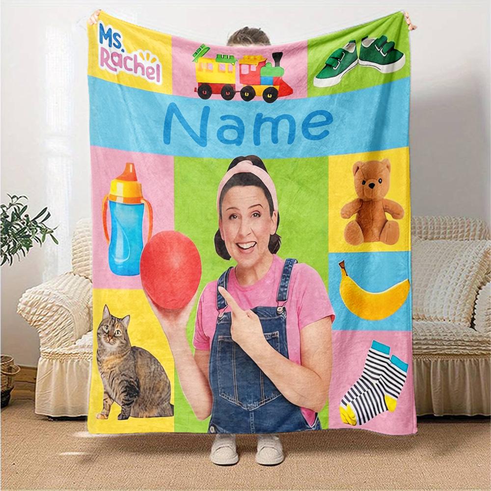 Custom Name Ms. Rachel Theme Printed Blanket - Perfect for Couch, Bed, Travel & Outdoor Use | Machine Washable, Cozy & Durable.