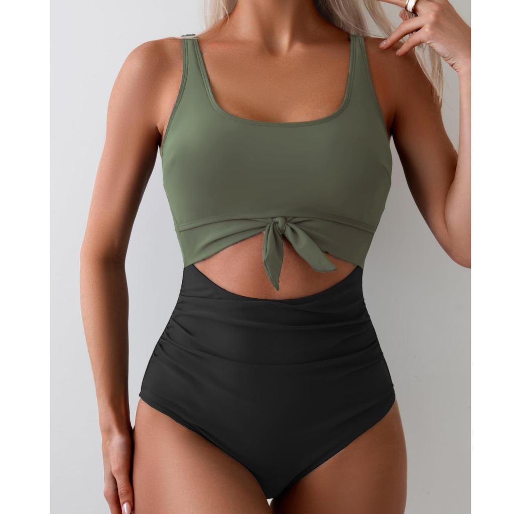 Women's One-Piece Swimsuit With Cross Straps To Cover The Belly, Conservative Solid Color Patchwork Swimsuit