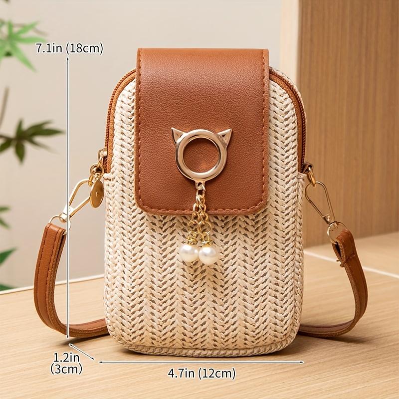 Chic Straw Crossbody Phone Bag with Pearl Tassel Versatile Urban Neutral Shoulder Handbag CLE