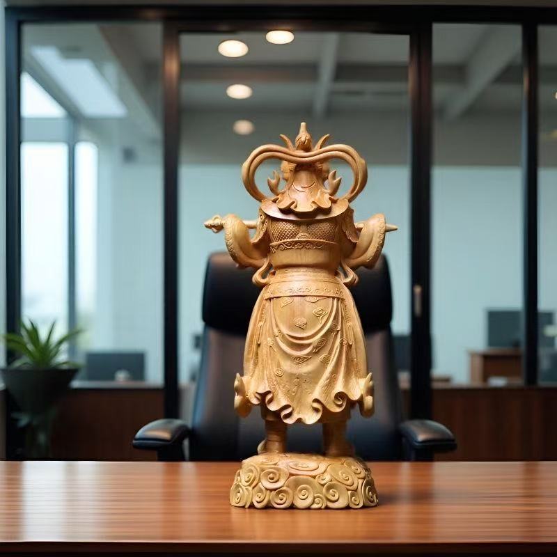 wood carving Guardian Door God Venerable Weituo statue  Luxury Home Living Room Office Wealth Luck Feng Shui Decorstatue 11.7 in