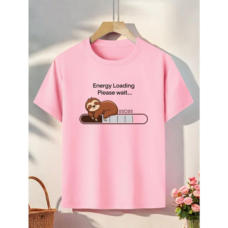 

European sizes Girls T-Shirt with Energy Loading Please Wait Slogan & Sloth Graphic - Neck Summer Top, Regular Fit Casual Attire, 164cm рожевий
