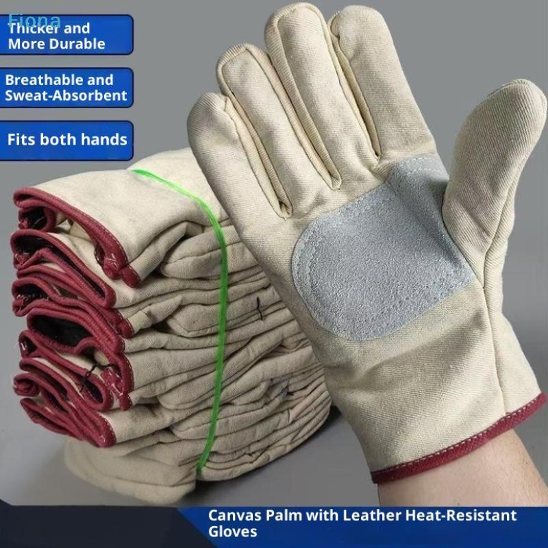 Canvas Work Gloves with Leather Reinforced Palm, Heat-Resistant & Durable Safety Gloves for Gardening,Welding & Construction
