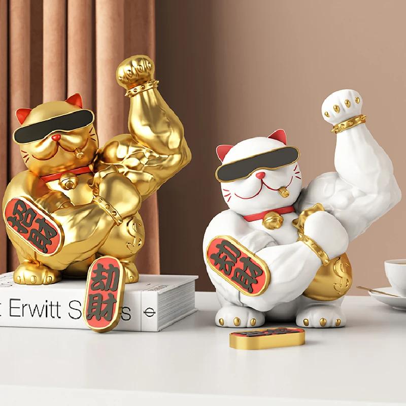 Statua Decorativa Gatto Dorato con Muscoli delle Braccia Grandi per Negozio Soggiorno Gatto Portafortuna Scultura Animale Cartone Animato Statua Gatto Vigorous