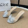 Fashion 2025 Summer Fashion High Heel Sandals for Women, Bow Bow, Slope Heel, Straight Line, Wearing Outside, Fairy Wind Cool Slippers