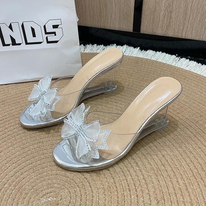 Fashion 2025 Summer Fashion High Heel Sandals for Women, Bow Bow, Slope Heel, Straight Line, Wearing Outside, Fairy Wind Cool Slippers