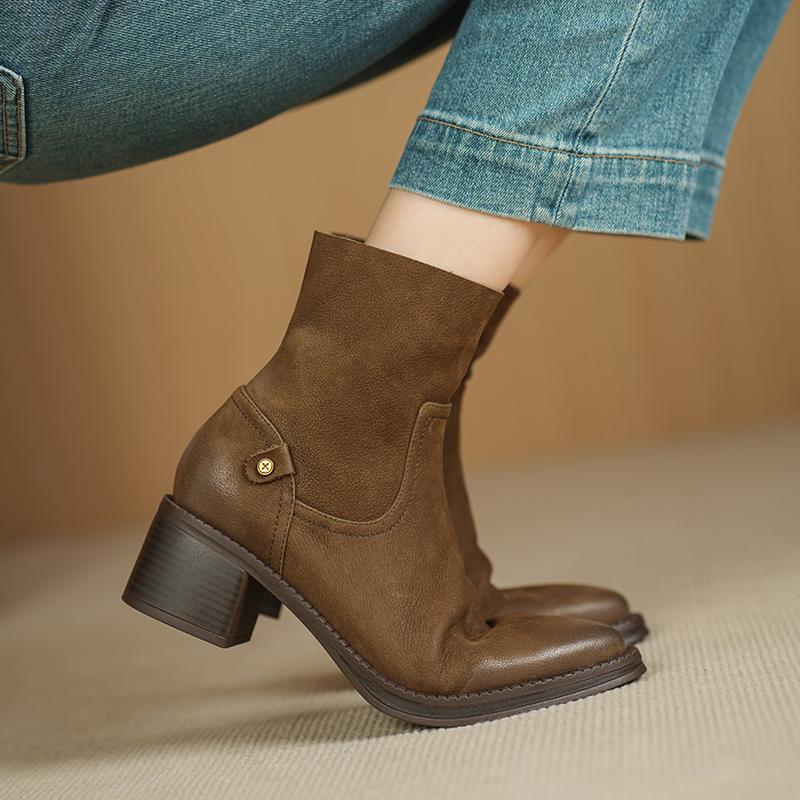 Fashion 2025 Autumn Women Boots Pointed Toe Chunky Heel Genuine Leather Women Shoes Short Modern Boots Winter High Heel Mid-calf Boots