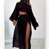 2024 Casual High Waist Linen-Cotton Two-Piece Suit with Slit Cropped Top