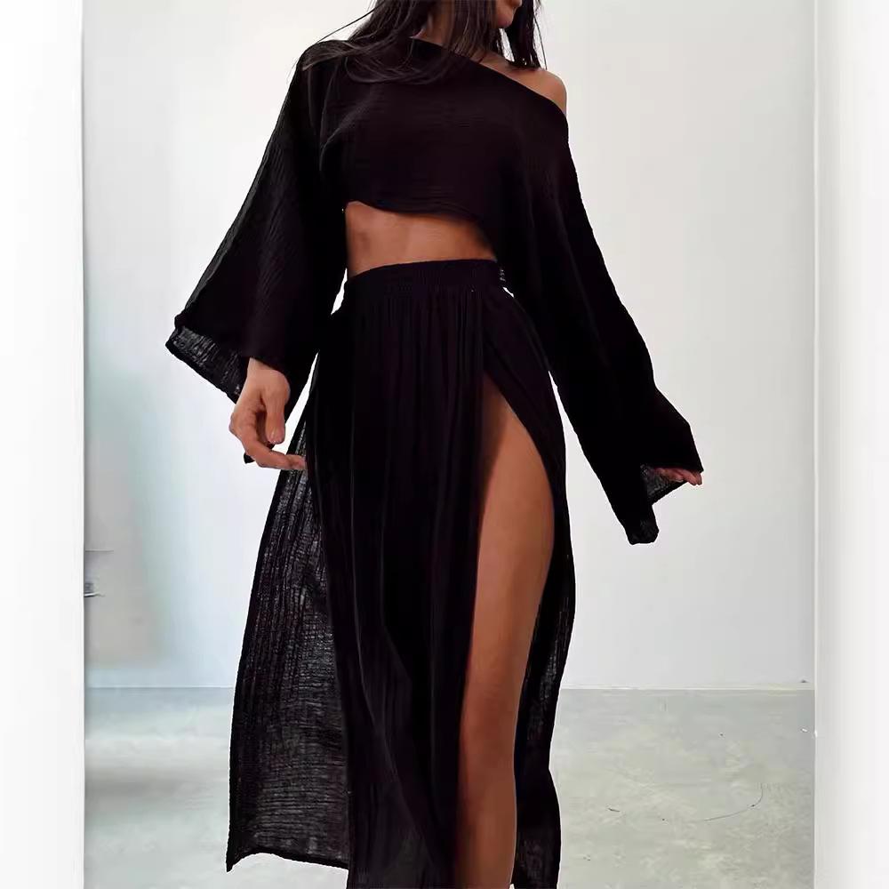 2024 Casual High Waist Linen-Cotton Two-Piece Suit with Slit Cropped Top