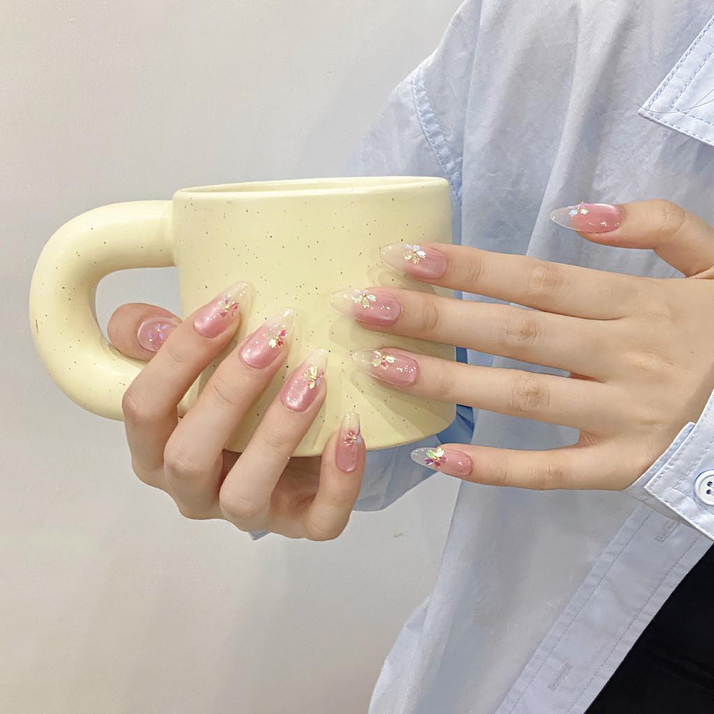 100% HANDMADE Artificial Nail Almond Shape Aurora Cherry Blossom Chasing Light Cat Eye Ice Transparent Gradient Press On  Nails  Reusable